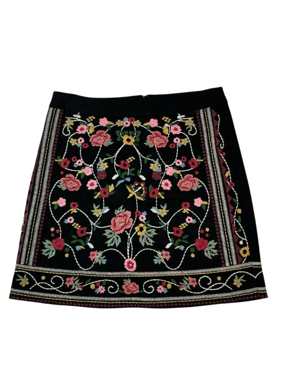 Braeve Floral Embroidered Black Mini Skirt With Side Zipper Womens Small